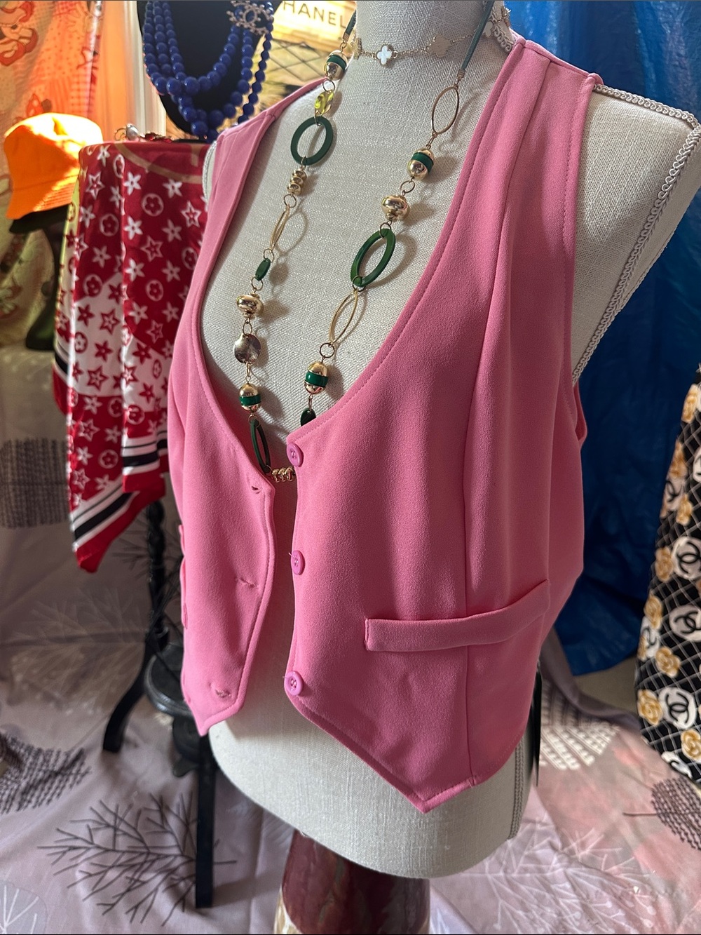 Pink Sleeveless Button Front Vest
